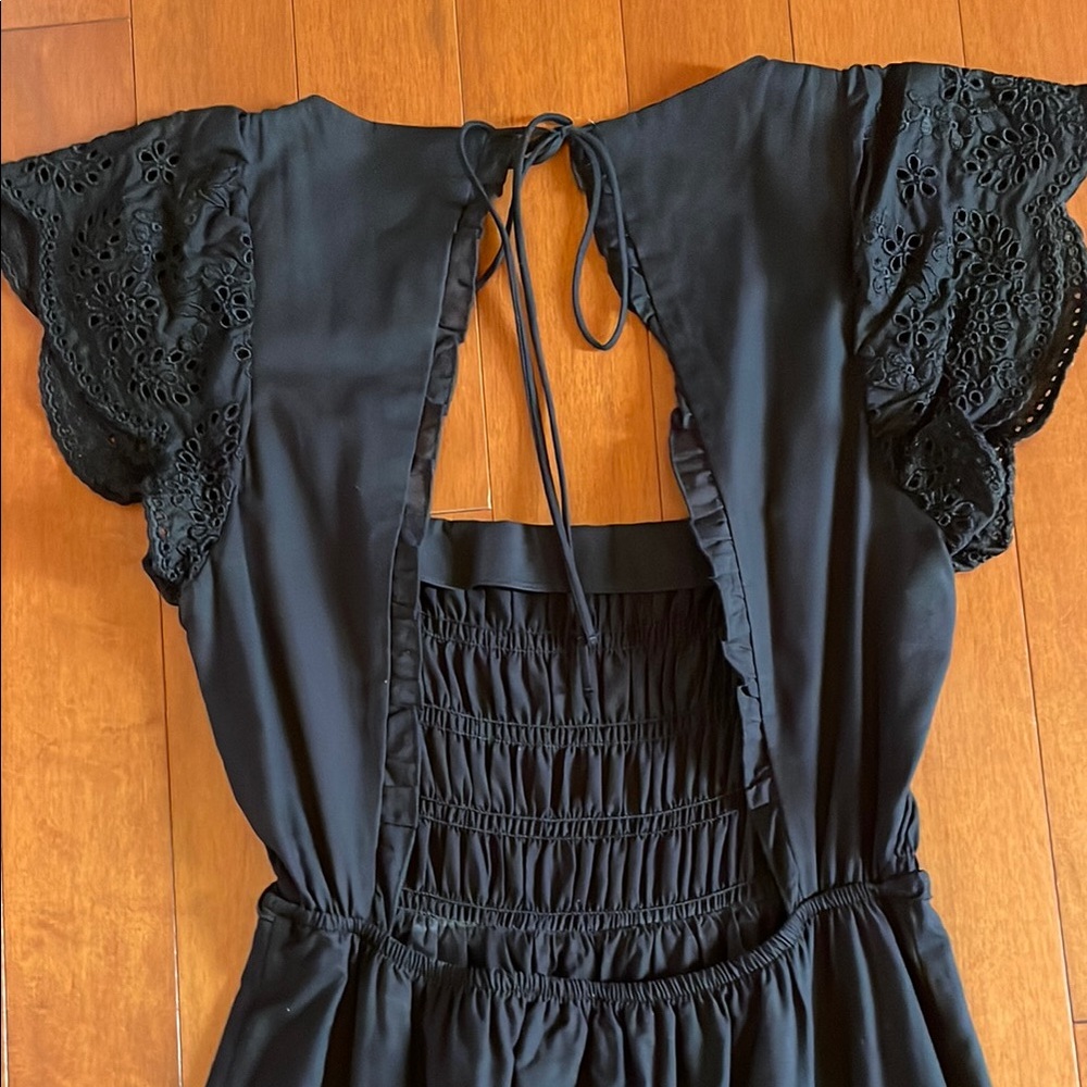 Zara Black Smocked Midi Dress with Eyelet Flutter Sleeves - Picture 3 of 4